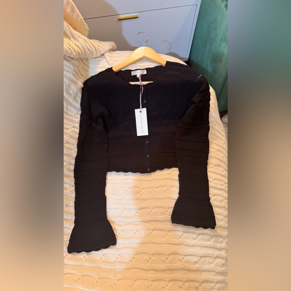 LOVESHACKFANCY MEDIA POINTELLE KNIT CARDIGAN IN BLACK, brand new, never worn. - Picture 7 of 14